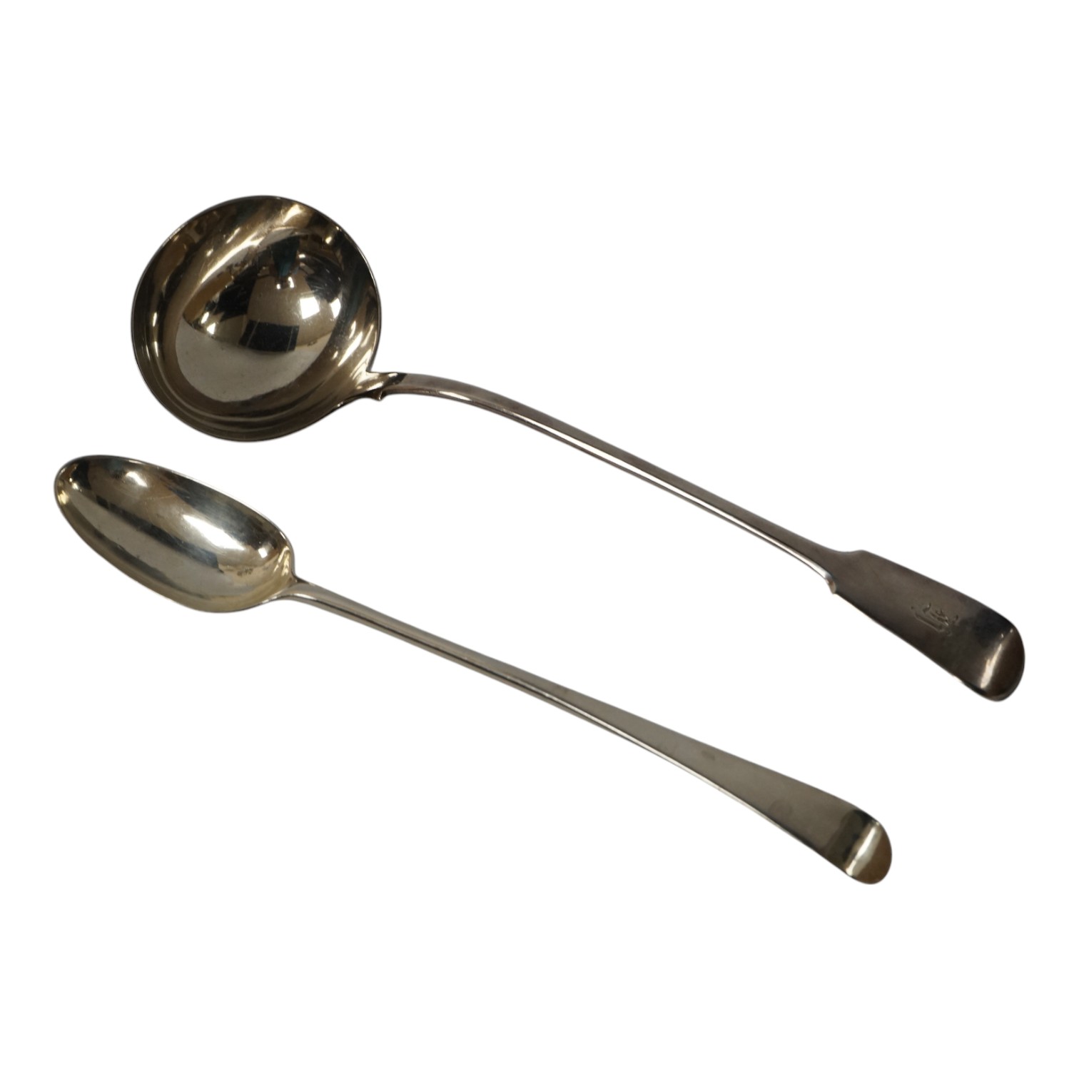 A George IV silver fiddle pattern soup ladle, by Charles Eley, London, 1827, 31.7cm, together with an 18th century silver Old English pattern basting spoon, maker possibly Richard Richardson III, Chester 1776? (indistinc